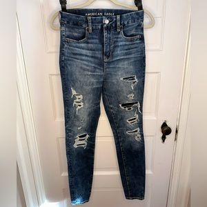 American Eagle Dark Blue Ripped Curvy Super Hi-Rise Jegging | Size: 3
